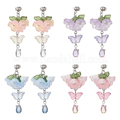 Серьги-гвоздики с подвесками из стекла и акрила в виде цветка и бабочки&nbsp;EJEW-TA00788
