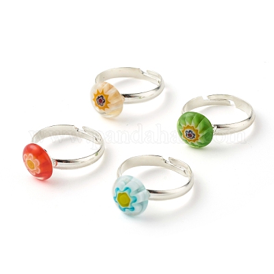 Цветочное плоское круглое регулируемое кольцо миллефиори из стекла&nbsp;RJEW-JR00407-1