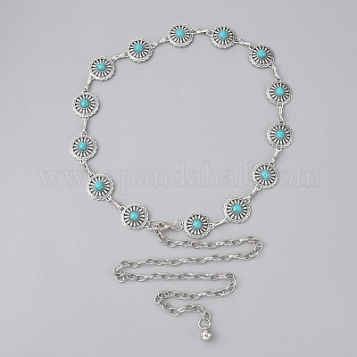 Ремень с цепочками из синтетических бирюзовых цветов&nbsp;AJEW-WH0258-427-1
