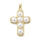 Brass Pendants, Cross, with ABS Imitation Pearl Beads, Rack Plating, Long-Lasting Plated, Cadmium Free & Lead Free, Real 18K Gold Plated, 36.5x26x8mm, Hole: 4x3mm
