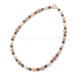 Женские ожерелья из 9-миллиметрового ракушечного жемчуга с 7-миллиметровым натуральным тигровым глазом.&nbsp;NJEW-JN05699