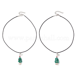 2 шт. 2 стиля гальванизированных стеклянных бусин темно-голубого цвета с подвеской в виде рождественской елки и звезды из сплава на черном вощеном хлопковом шнуре&nbsp;NJEW-MZ00123