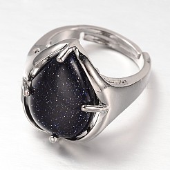 Регулируемые широкие кольца из латуни с драгоценными камнями в виде слезинки платинового тона&nbsp;RJEW-L062-02K