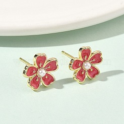 Серьги-гвоздики с цветочным рисунком из латуни и АБС-пластика с жемчугом&nbsp;EJEW-P336-07G-02