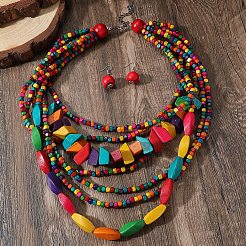 Многослойные ожерелья и серьги-подвески из деревянных бусин в богемном стиле&nbsp;WG33684-01