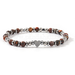 Браслеты из натуральных круглых бусин с глазками из драгоценных камней, эластичные., Украшения для женщин из синтетических немагнитных гематитовых бусин., сердце, 6.89 дюйм (17.5 см)