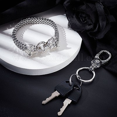 Браслеты из сплава волка и пшеницы с цепочкой и наборы из нержавеющей стали с застежками-черепами&nbsp;SJEW-GA0001-04-1