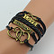 PU Leather & Hemp Cord Multi-strand Bracelets, Alloy Love & Heart Charm Link Bracelets for Women, Black, 6-1/4~7-1/8 inch(16~18cm)