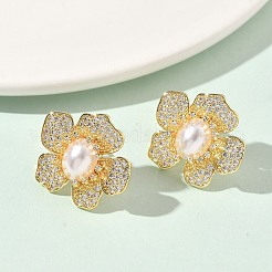 Серьги-гвоздики из латуни с микро-паве и прозрачным фианитом&nbsp;EJEW-P336-01G