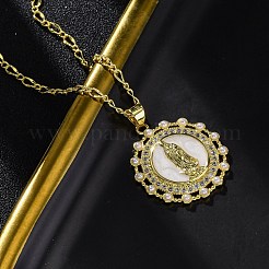Латунные прозрачные кубические цирконии плоские круглые с подвеской Девы Марии&nbsp;NJEW-C071-07A-G