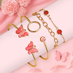 Комплект из 4 браслета-манжеты из сплава светлого золота с бабочкой 2 цветов и 4 браслетов-цепочек 2 цветов&nbsp;BJEW-HY0001-35A