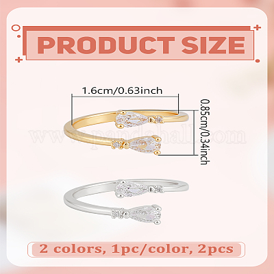 2 шт. латунные кольца-манжеты с микропаве из кубического циркония&nbsp;RJEW-LP0005-13-1