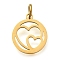 304 Stainless Steel Charms, with Jump Ring, Flat Round with Heart Charm, Laser Cut, Ion Plating(IP), Real 18K Gold Plated, 14x12x1mm, Hole: 3mm