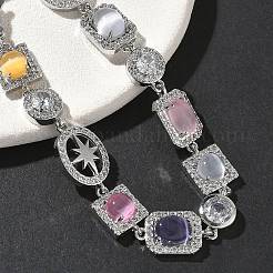 Браслеты-цепочки из латуни с микропаве из кубических цирконий и кошачьего глаза прямоугольной&nbsp;BJEW-G764-08P