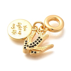 Латунные плоские круглые подвески-шармы в форме ласточки из кубического циркония&nbsp;KK-U048-19G