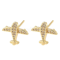 Серьги-гвоздики в форме самолета с микропаве из прозрачных кубических цирконий из латуни&nbsp;EJEW-F400-16G