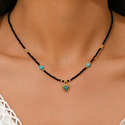 Винтажная нержавеющая сталь паве синтетическая бирюза кулон в форме сердца стеклянные граненые круглые бусины ожерелья для женщин&nbsp;UN1640