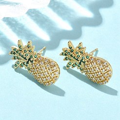 Серьги-гвоздики из латуни с микропаве из кубических цирконий в форме ананаса&nbsp;EJEW-A132-09G