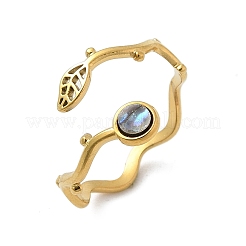 Кольца-манжеты из ракушек пауа из нержавеющей стали 304 в форме листа и плоского круглого сечения для женщин&nbsp;LS-RJEW-G346-01G-01