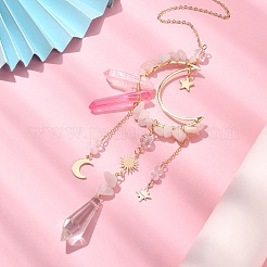 Натуральная крошка розового кварца и латунные подвески в виде луны&nbsp;HJEW-TA00066-01