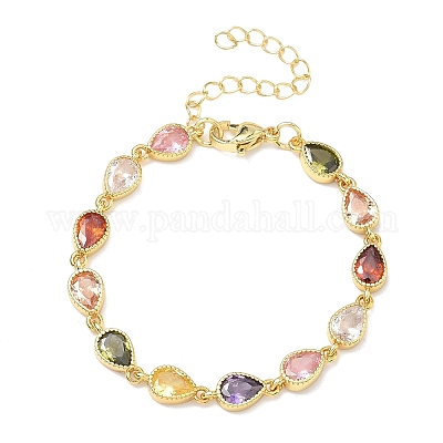 Браслеты-цепочки в форме капли из латуни с инкрустацией кубическим цирконием для женщин&nbsp;BJEW-P385-06G-1