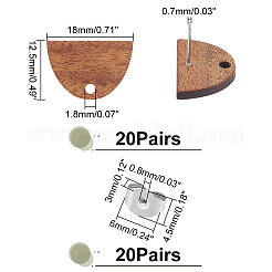 20 пара полукруглых сережек-гвоздиков из орехового дерева&nbsp;WOOD-UN0001-02