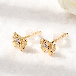 Серьги-гвоздики из латуни с микро-паве и бантом из прозрачного кубического циркония&nbsp;EJEW-P331-11G