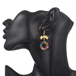 3 пара серег-подвесок из окрашенного и нагретого натурального агата с бантом и кольцом&nbsp;EJEW-JE06839