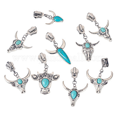 14 шт. 7 стиля слайдеров-молний из сплава в виде головы крупного рогатого скота и синтетической бирюзы&nbsp;HJEW-TAC0102-1