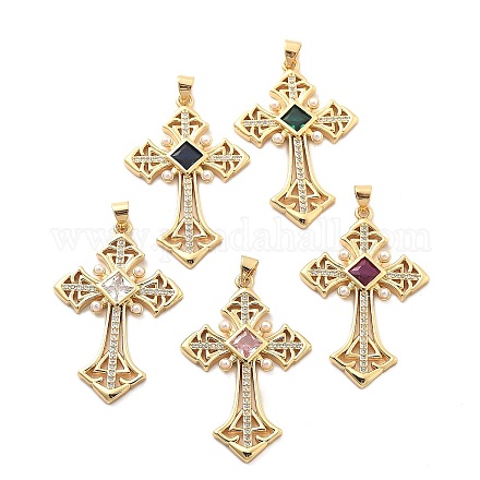 Стойка из латуни с подвесками из кубического циркония и имитацией жемчуга из АБС-пластика KK-Q017-07F-G-1