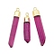 Natural Quartz Crystal Pointed Pendants, Bullet Shape, Dyed, with Golden Brass Finding, Old Rose, 35~53x7~13x5.5~10mm, Hole: 2.5mm