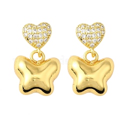 Висячие серьги-гвоздики с сердцем и бабочкой из латуни с микропаве из прозрачных кубических цирконий&nbsp;EJEW-Z099-01G