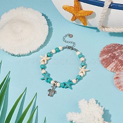 Браслет-подвеска из сплава черепахи с синтетической бирюзой (окрашенной) браслет из бисера в виде морской звезды для женщин&nbsp;BJEW-TA00197