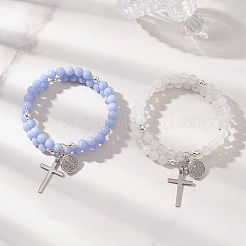 2 шт. браслеты из двух нитей с бусинами из натурального крашеного голубого кружевного агата и белого нефрита&nbsp;BJEW-JB13065
