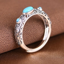 Регулируемое кольцо из искусственной бирюзы с одним кольцом из стерлингового серебра.&nbsp;RJEW-C155-06