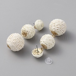 Серьги-гвоздики с круглыми шариками из рафии&nbsp;EJEW-WH0009-73B