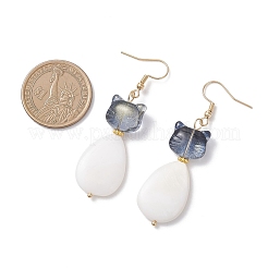 Серьги-подвески в форме кошки из натуральной пресноводной ракушки и стекла с каплевидными подвесками&nbsp;EJEW-JE06833