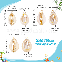 24 шт. 3 стиля подвески из натуральной ракушки каури/пресноводной ракушки с гальваническим покрытием&nbsp;BSHE-PH0001-63