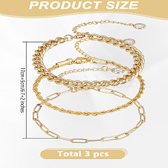 3шт 3 стиля браслеты из нержавеющей стали цепи для женщин&nbsp;BJEW-LP0001-21G