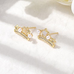 Серьги-гвоздики с короной из латунных кристаллов с микропаве из прозрачных кубических цирконий&nbsp;EJEW-K318-02G