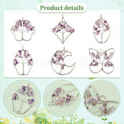 6 шт. 6 стиля натуральный аметист медная проволока обернутая чипом большие подвески&nbsp;G-PH0002-16