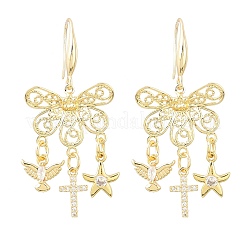 Серьги-подвески из латуни с прозрачными кубическими циркониями и крестом в виде птицы и морской звезды.&nbsp;EJEW-H182-01G
