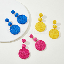 3 пара 3-х цветных плоских круглых висячих сережек-гвоздиков из рафии&nbsp;EJEW-AN0002-44