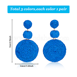 3 пара 3-х цветных плоских круглых висячих сережек-гвоздиков из рафии&nbsp;EJEW-AN0002-44