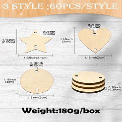 180 шт. 3 стиля неокрашенных необработанных деревянных звеньев&nbsp;WOOD-CJ0002-24