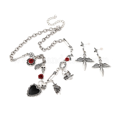 Комплекты из ожерелий и серег-гвоздиков из сплава в тибетском стиле на Хэллоуин&nbsp;LS-SJEW-P006-01AS-1