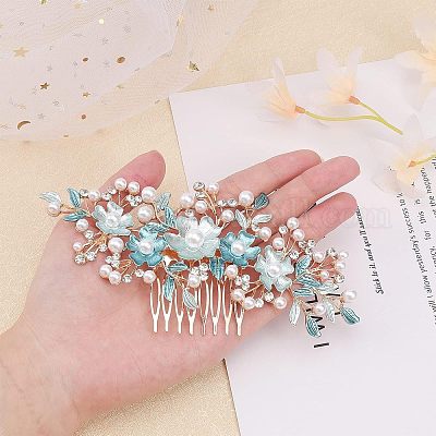 Расчески для волос из сплава со стразами и жемчугом&nbsp;MRMJ-WH0077-061LG-1