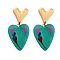 Ion Plating(IP) 304 Stainless Steel Heart Stud Earrings, with Enamel for Women, Real 18K Gold Plated, Dark Cyan, 31x16mm