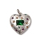Brass Micro Pave Cubic Zirconia Pendants, with Glass, Long-Lasting Plated, Lead Free & Cadmium Free, Platinum, Heart, Green, 18x17x5mm, Hole: 3mm