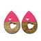 Resin and Walnut Pendants, Teardrop with Hear, for Valentine's Day Gift, Hot Pink, 38x25x3.5mm, Hole: 1.8mm